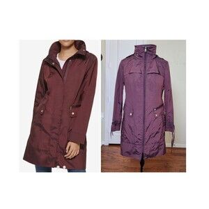 Cole Haan Packable Hooded Raincoat Jacket Burgundy Women M Preppy Spring Travel